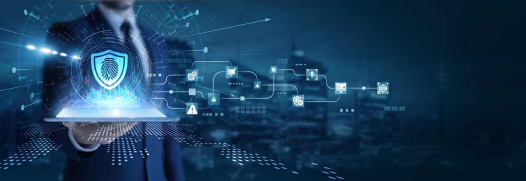 Businessman analyzing using tab data on biometric security. Fingerprint scanning, facial recognition, identity verification, cybersecurity systems, and digital access control.