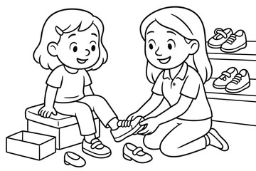 Shoe Fitting Illustration. Shoe fitting children?s coloring book illustration, outlined drawing, child trying
