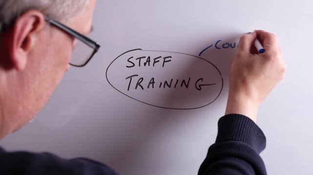 An HR business professional is creating a mind map on a whiteboard with Staff Training as the main topic, perfect for HR and recruitment presentations.