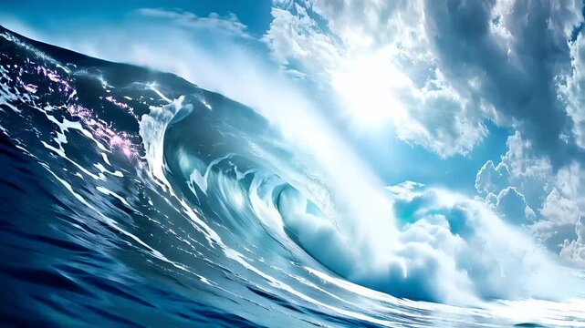 A vivid portrayal of a powerful wave crashing against a backdrop of a dramatic sky. The waves intricate details are highlighted by the sunlight filtering through the clouds.