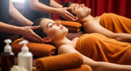 Couple receiving a relaxing head massage at a spa, enjoying a moment of tranquility