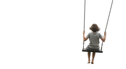 Child with brown hair wearing a grey t-shirt and shorts sitting on a swing isolated on a transparent background