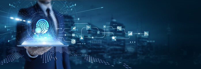 Businessman analyzing using tab data on digital forensics. Cyber investigation, data recovery, evidence analysis, malware detection, and digital crime examination.