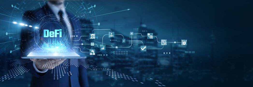 Businessman analyzing using tab data on decentralized finance. Blockchain trading, crypto assets, digital wallets, smart contracts, and peer-to-peer financial innovation. - Powered by Adobe