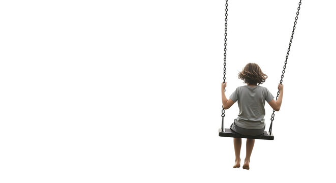 Child with brown hair wearing a grey t-shirt and shorts sitting on a swing isolated on a transparent background