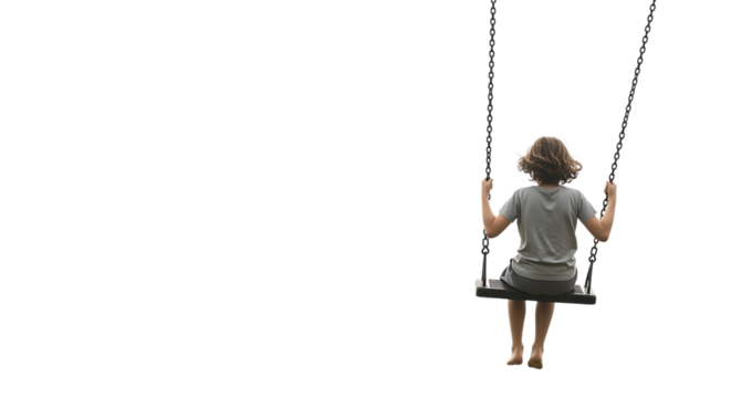 Child with brown hair wearing a grey t-shirt and shorts sitting on a swing isolated on a transparent background