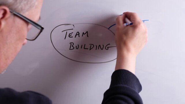 An HR business professional is creating a mind map on a whiteboard with Team Building as the main topic perfect for HR and recruitment presentations.
