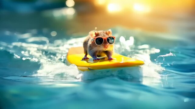 Aerial view of a mouse surfing on a yellow inflatable ring in a pool with sunlight filtering through the waters surface. The mouse is wearing sunglasses and appears to be in motion.