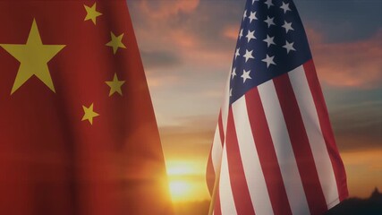 Dynamic video of US and China flags waving against vibrant sunset sky backdrop - Powered by Adobe