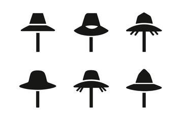 Obraz premium Scarecrow Hat Logos. Scarecrow hat. Set Logo of scarecrow hat: hat resting on a wooden pole top. Icon set. harmonious logo variations of the same emblematic