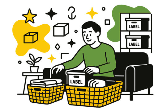 Organized Living Space. Organized lifestyle. Person using baskets and labeled containers in a living room,