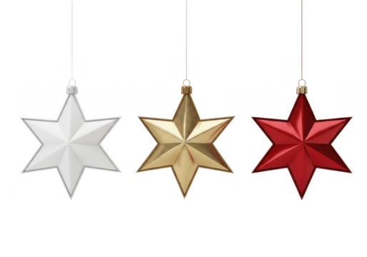 Three starshaped christmas ornaments in silver, gold, and red hanging isolated on transparent background
