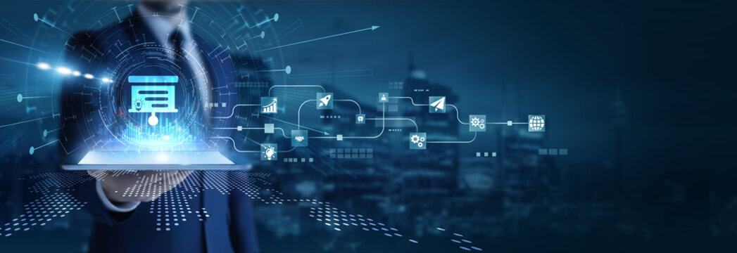 Businessman analyzing using tab data on introduction. Business overview, corporate planning, project initiation, strategic setup, and digital presentation analysis.