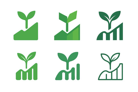Green Bonds Emblems. Green bonds. Icon set. Set Logo of green bonds: sprouting plant emerging from a yield chart. harmonious logo variations of the same