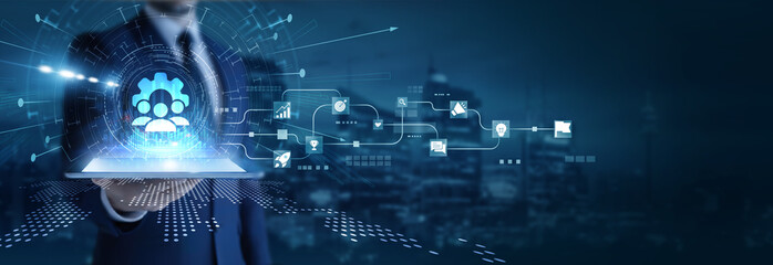 Businessman analyzing using tab data on management. Strategic leadership, organizational planning, productivity tracking, performance metrics, and resource coordination.
