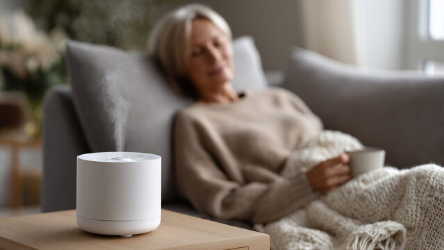Mature woman lying on a couch, holding a cup, relaxing at home with a white diffuser on a wooden table nearby - Powered by Adobe