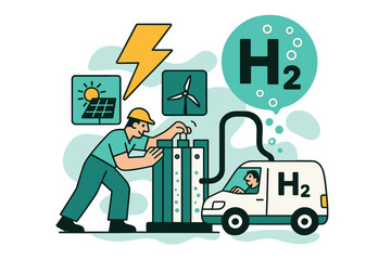 Green Hydrogen Illustration. Green Hydrogen Production. Electrolyzer stacks hum; bubbles lift into an ?H?? badge while a lightning icon feeds from solar and