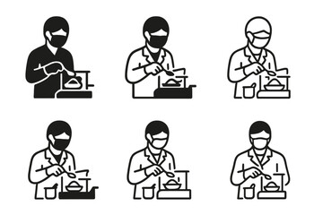 Laboratory Emblems Collection. Laboratory assistants performing hands-on tasks. Set Logo of Laboratory assistants performing hands-on tasks: weighing powder on