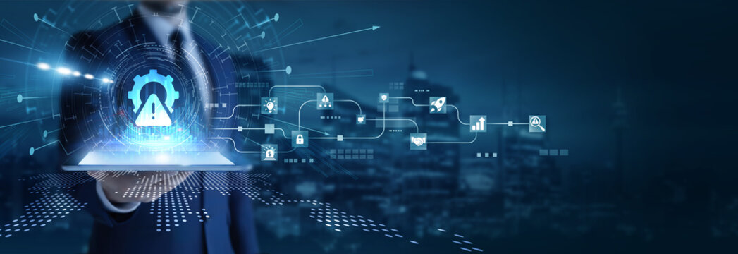 Businessman analyzing using tab data on risk management. Threat assessment, financial mitigation, strategic planning, compliance analysis, and operational resilience.