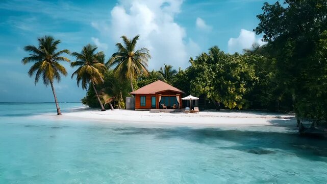 Aerial view of a tropical beach with white sandy shoreline and clear blue water, under a partly cloudy sky. The beach is surrounded by lush greenery.