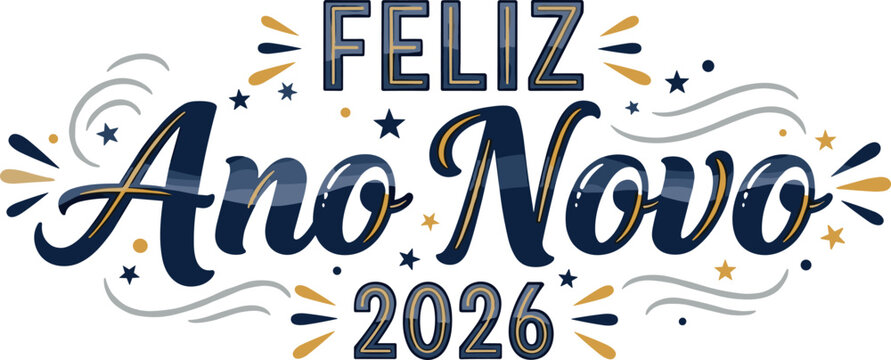 Feliz ano novo 2026 graphic portuguese language on transparent background