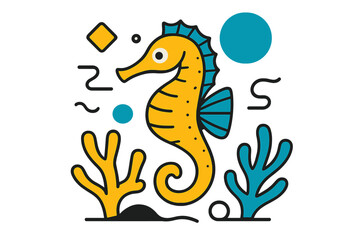 Obraz premium Playful Seahorse Geometry. Endangered Species. Sea horse floating among coral with floating abstract geometric shapes and soft highlights, delicate and rare