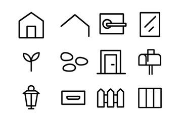 Minimalist Home Icons. Minimalist Home Design. Line icon set of Minimalist Home Design: simple house, clean lines, geometric roof, door handle, glass pane,