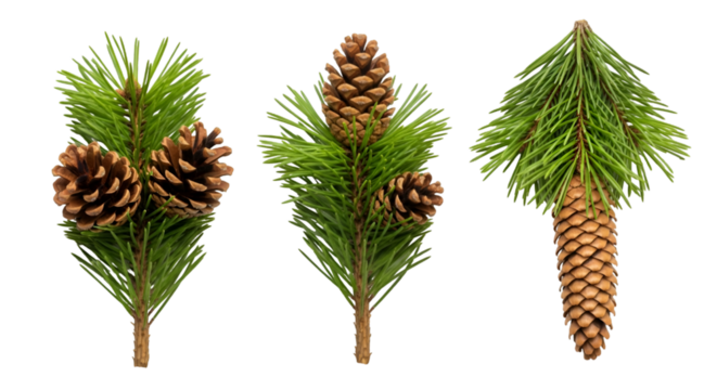 A festive trio of evergreen sprigs adorned with pinecones evoke the spirit of a winter on transparent background - Powered by Adobe