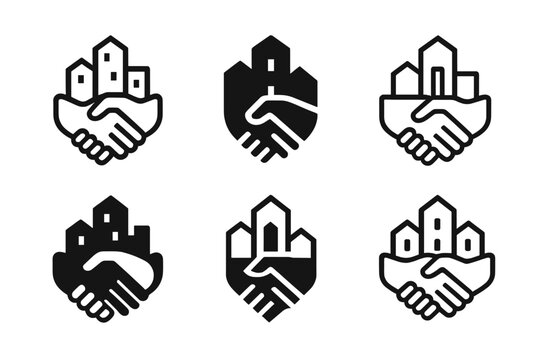 Community Logo Variations. Community-first branding. Set Logo of Community-first branding: neighborhood skyline within handshake. Icon set. harmonious logo