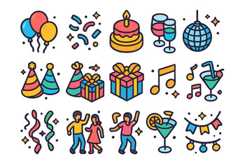 Festive Icon Extravaganza. Celebratory event. Colorful isometric vector icons set of celebratory event: balloons, confetti, cake, drinks, party hats, gift