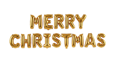 Gleaming gold balloon letters spell Merry Christmas radiating festive joy and anticipation for on transparent background