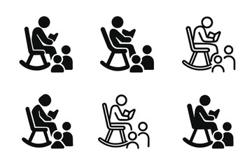 Family Story Icons. Telling family stories at a gathering. Set Logo of Telling family stories at a gathering: elder in rocking chair. Icon set. harmonious logo