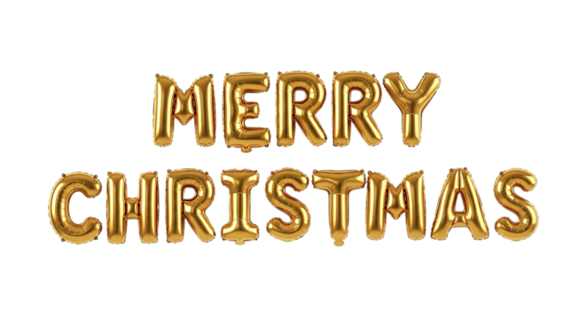 Gleaming gold balloon letters spell Merry Christmas radiating festive joy and anticipation for on transparent background