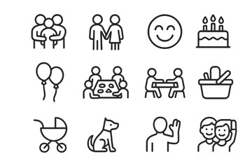Fototapeta premium Family and Friends Icons. Family and Friends. Line icon set of Family and Friends: group hug, holding hands, laughter face, birthday cake, balloons, shared
