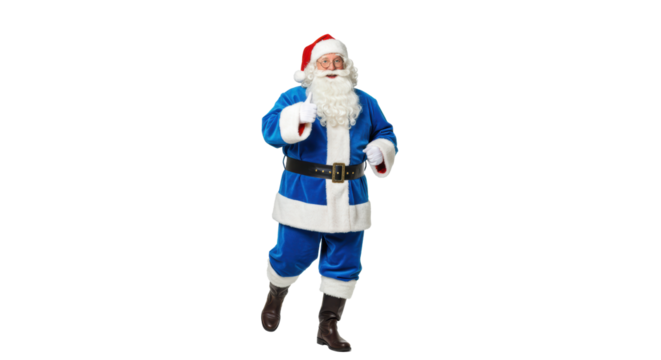 Elderly Caucasian Santa Claus in electric blue velvet suit, red hat, white fur, giving thumbs up while energetically running on a transparent background, urgent Christmas cheer concept