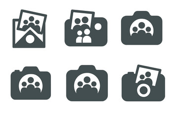 Family Photo Decor Logos. Personalizing home decor with family photos. Set Logo of personalizing home decor with family photos: camera and printed memories.