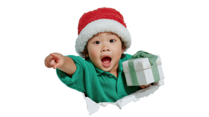 Child in a Santa hat joyfully bursts through torn paper, holding a Christmas gift, with a transparent background, creating a festive and playful holiday concept