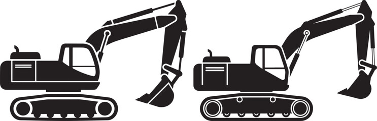 Two black excavator machine silhouettes facing different directions