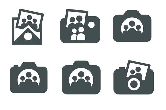 Family Photo Decor Logos. Personalizing home decor with family photos. Set Logo of personalizing home decor with family photos: camera and printed memories.