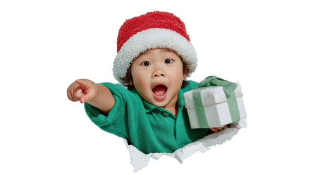 Child in a Santa hat joyfully bursts through torn paper, holding a Christmas gift, with a transparent background, creating a festive and playful holiday concept