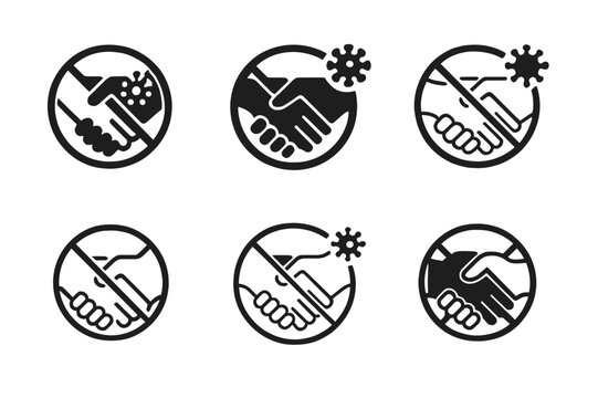 Symbolic Social Distancing Logos. Social distancing and COVID--related imagery. Set Logo of Social distancing and COVID--related imagery: no handshake symbol.