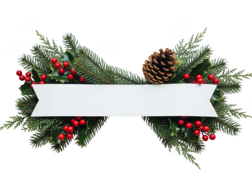Festive christmas garland with pine cone, holly berries, and blank banner for text, isolated on transparent background