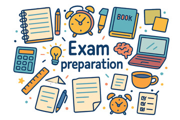 Doodle Exam Essentials. Exam preparation. Hand-drawn doodle illustration of Exam preparation. Notebook, pencil