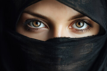 Naklejka premium A woman with long brown hair and brown eyes is wearing a black scarf