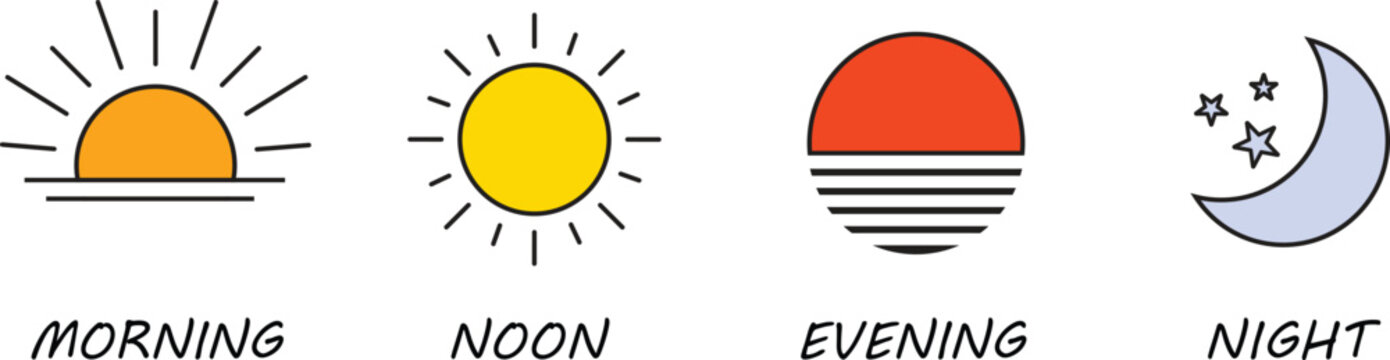 Morning noon evening night Icons sun and moon time of day vector set, vector Illustration.