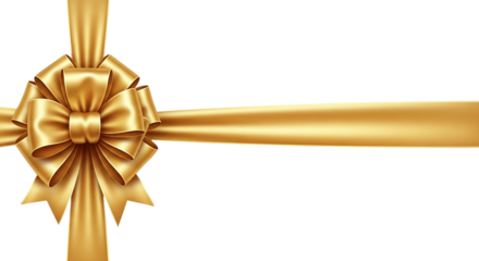 A luxurious golden bow symbol of celebration and elegance gracefully adorns a festive gift set on transparent background
