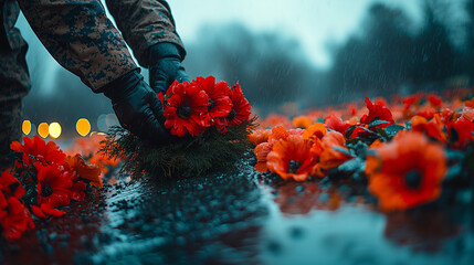 Military officer placing wreath on memorial Remembrance Day ceremony calm cloudy sky soft lighting tribute message copy space