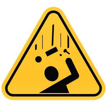 Falling objects hazard warning sign vector illustration of a yellow triangle with falling debris isolated on white background