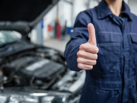 Car maintenance expert gives a thumbs up after completing an inspection in a busy auto shop