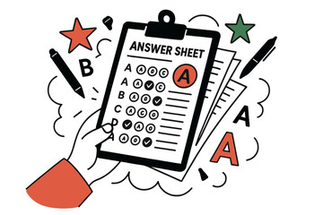 Academic Evaluation Imagery. Academic evaluation. A teacher?s hand holds a clipboard with multiple answer